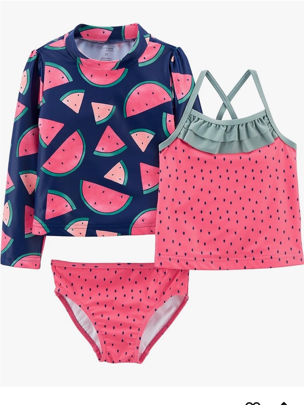 Girls' Watermelon 3-Piece Swim Set - Navy, Pink & Mint